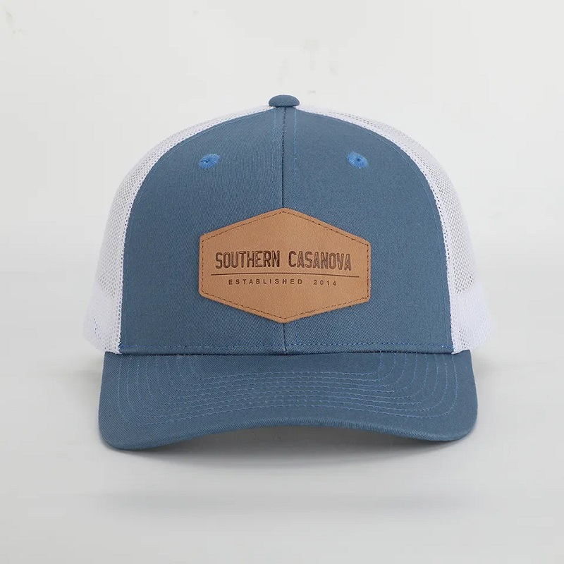 Aangepaste hoogwaardige 6 paneel Richardson 112 Cap Style Cotton Structured Mesh Trucker Hat met lederen patch