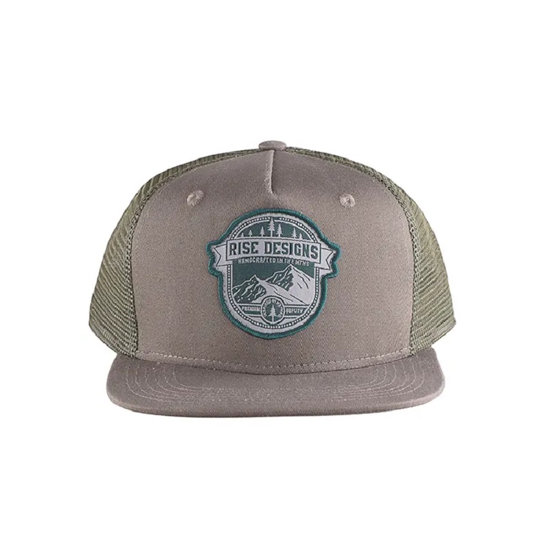 Mode populaire platte rand hoed grijs borduurwerk 5 paneel plastic snapback trucker pet en hoed