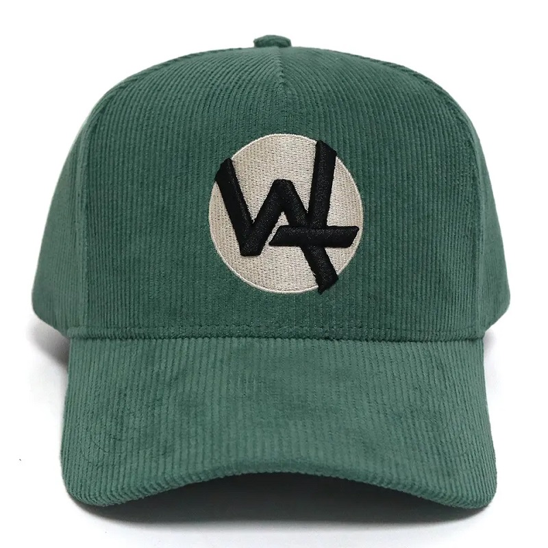 Custom Made Direct Factory 5 paneel honkbalkap groene corduroy hoed met 3D puff borduurwerk logo katoen zweetband winterpetten