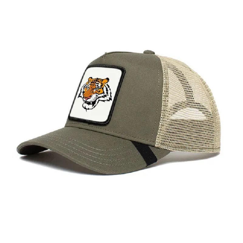 Fabrikant 5 Paneel 100% Polyester Mens Trucker Cap Hats met aangepaste dierengeweven patch